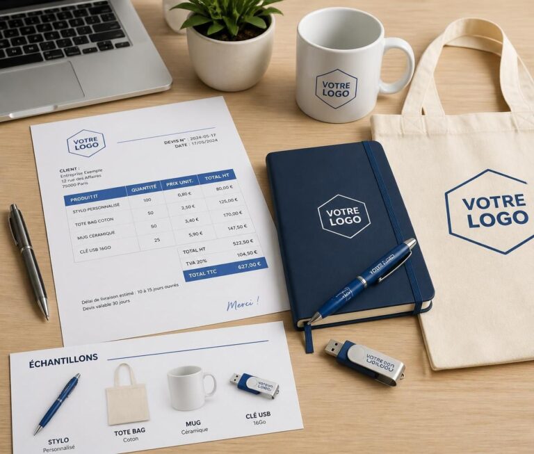 Devis et échantillons d'objets publicitaires personnalisés sur un bureau